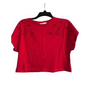 NWT MNG Mango Women's Red Cropped Tee Shirt Leaf Cutouts SIze Small
